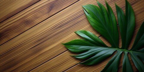Wooden board and leaf copy space background. AI Generated,