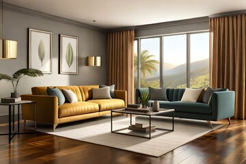 Boho style home interior, living room in warm brown color, 3d render.