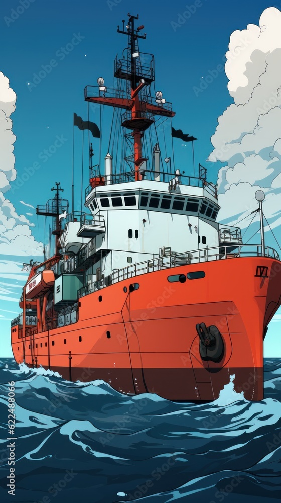 Poster a red and white boat floating in the ocean. generative ai image.