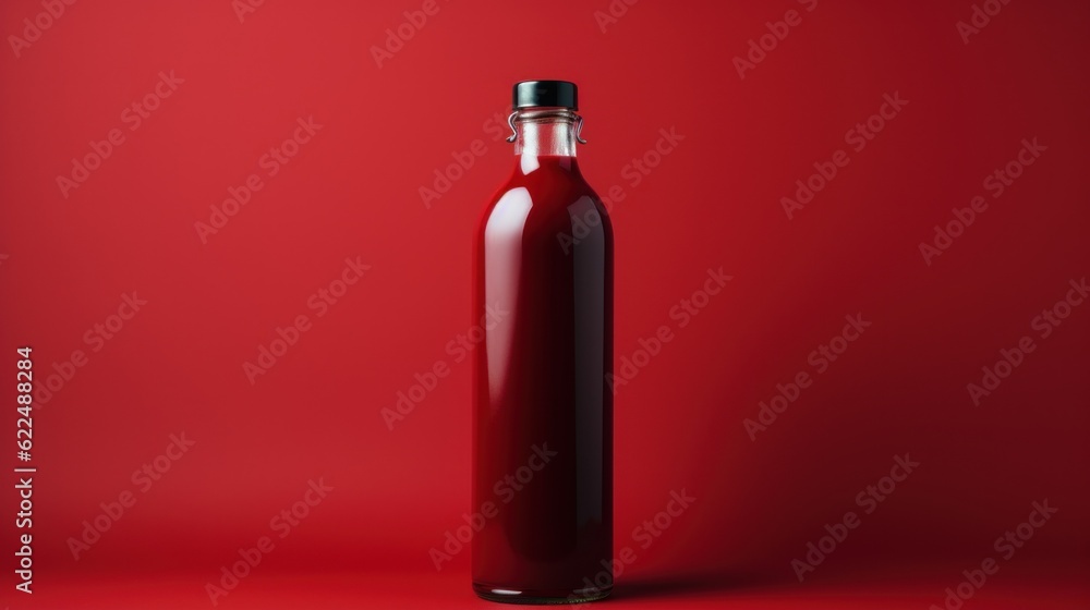 Poster a bottle of red wine on a red background. generative ai image.