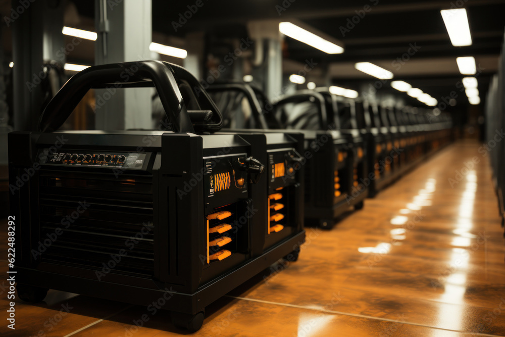 Poster a row of portable generators in a building. generative ai image.