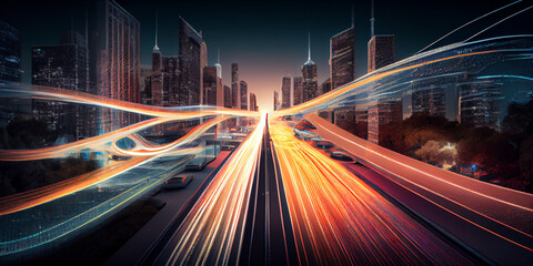 Fototapeta na wymiar Image of long beams from car headlights in a futuristic city at night. Generative AI