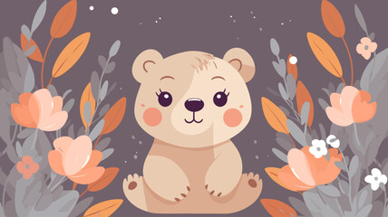 Obraz na płótnie Canvas Vector illustration of a cute bear and flower field.