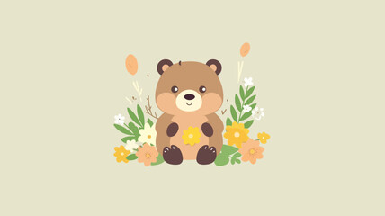 Obraz na płótnie Canvas Vector illustration of a cute bear and flower field.