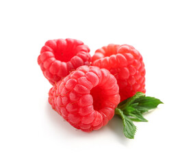 Fresh raspberries and mint on white background