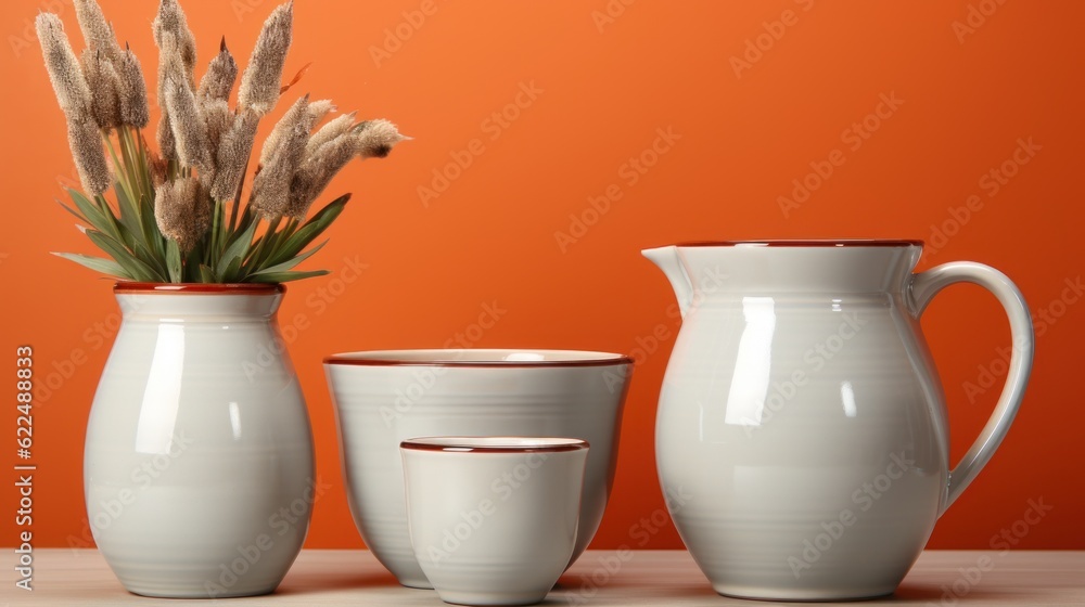 Poster three white vases with plants in them on a table. generative ai image.