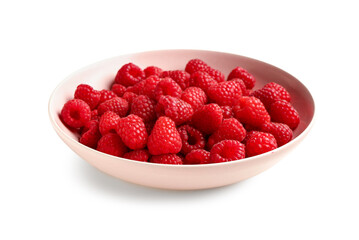 Bowl of fresh raspberries on white background