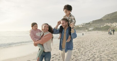 Piggyback, children and a blended family at the beach, walking on sand together for travel or vacation. Mother, father and kids by the ocean for bonding while on holiday on the coast in summer