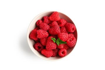 Bowl with fresh raspberries and mint on white background