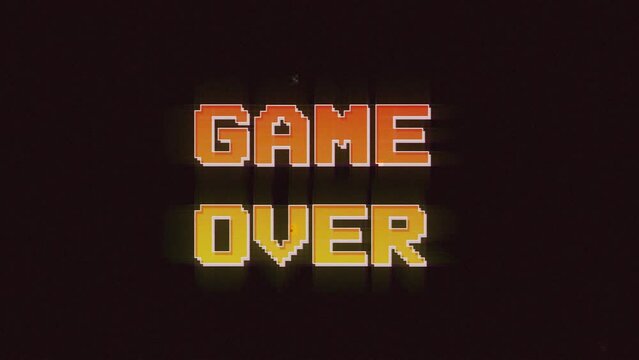 Retro Style Game Over Glitch Text Animation Effect on Old TV Interference or VHS Screen.  Retro video game screen with glitch. 4k