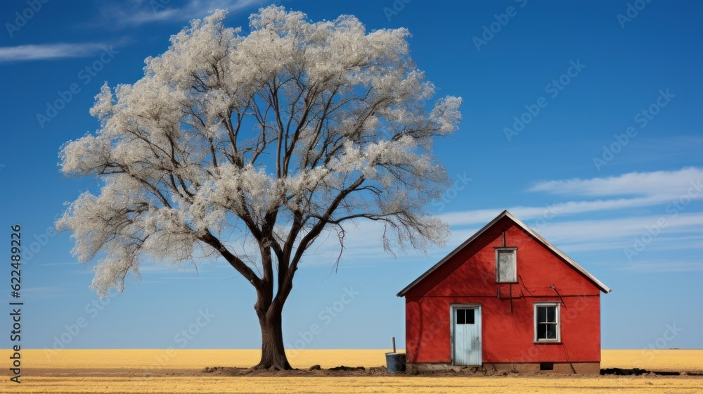 Poster a red house sitting in a field next to a tree. generative ai image.