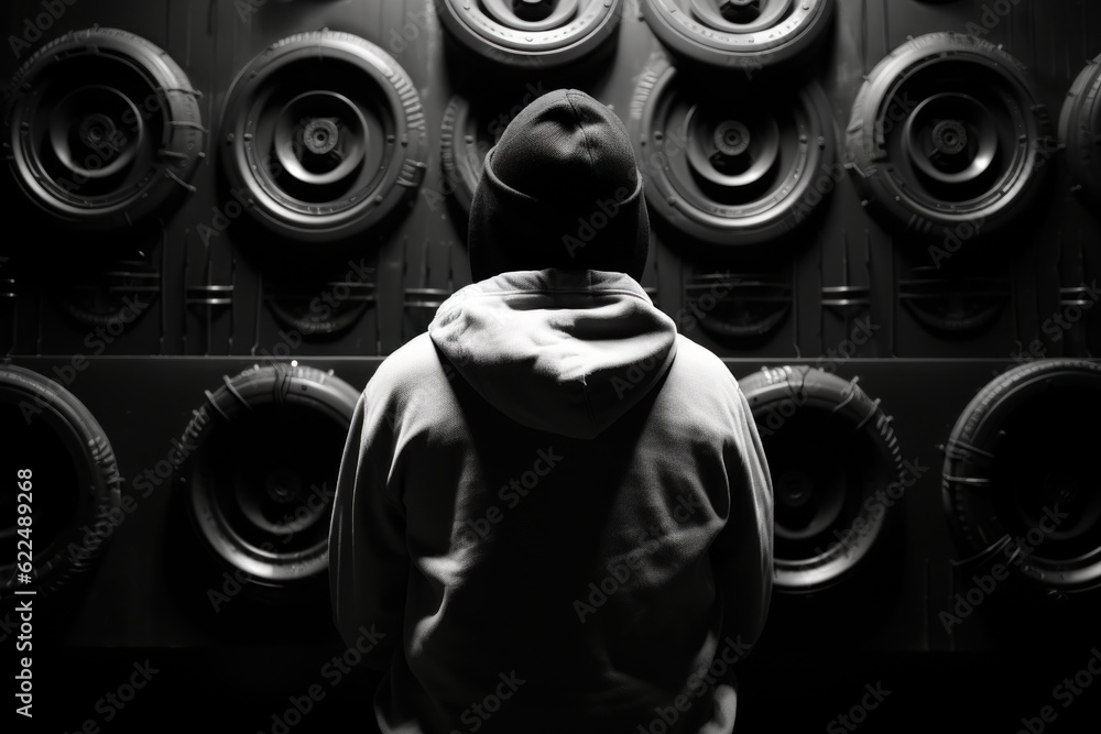 Poster a man standing in front of a wall of tires. generative ai image.