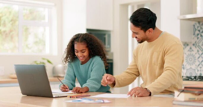 Laptop, applause and a father daughter high five in the home kitchen together for education or homework. Motivation, support and study with a parent helping his girl student with distance learning