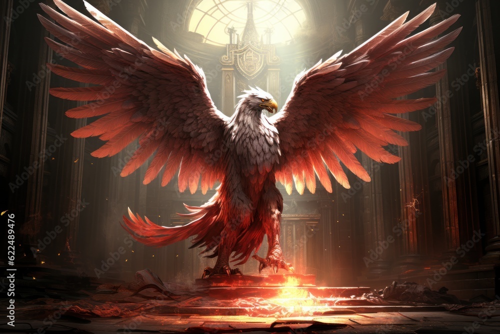 Poster a large red bird standing in a dark room. generative ai image.