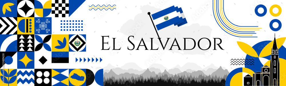 Wall mural El Salvador Independence Day abstract banner design with flag and map. Flag color theme geometric pattern retro modern Illustration design. Blue and Yellow flag color template.