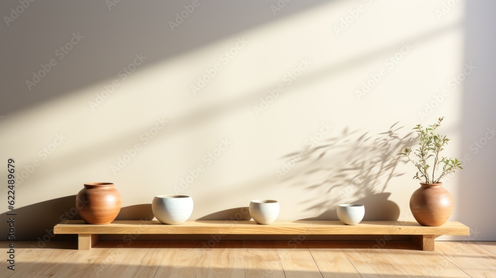 Poster a row of vases sitting on top of a wooden shelf. generative ai image.
