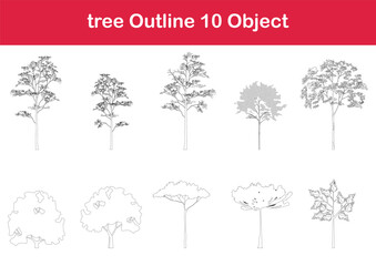 tree line drawing, Side view, graphics trees elements single object outline minimal plant symbol for architecture and landscape design. Vector illustration in stroke fill in white. forest, tropical.