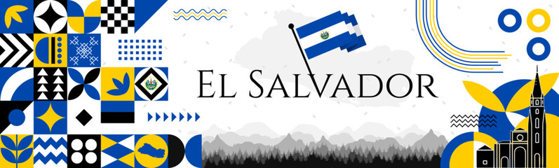 El Salvador Independence Day abstract banner design with flag and map. Flag color theme geometric pattern retro modern Illustration design. Blue and Yellow flag color template. - Powered by Adobe