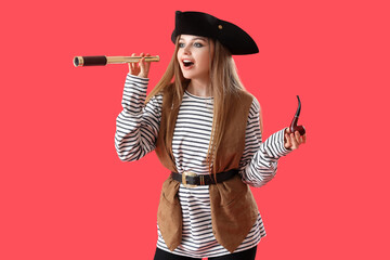 Beautiful female pirate with spyglass and smoking pipe on red background - obrazy, fototapety, plakaty