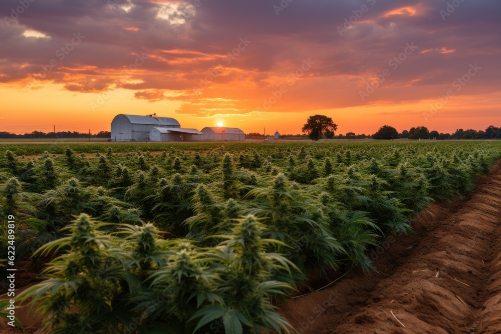 Aufkleber a field of hemp with a barn in the background. generative ai image.