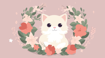 Fototapeta premium Vector illustration of cute cat and flower field.