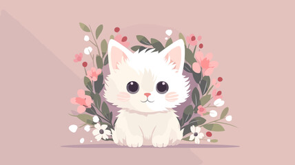 Obraz premium Vector illustration of cute cat and flower field.