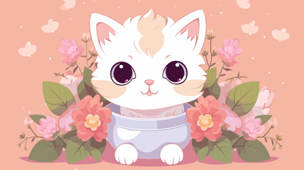 Fototapeta premium Vector illustration of cute cat and flower field.