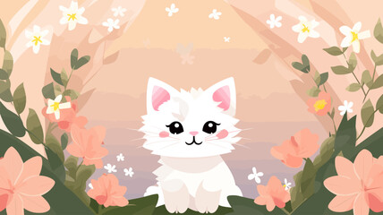 Vector illustration of cute cat and flower field.