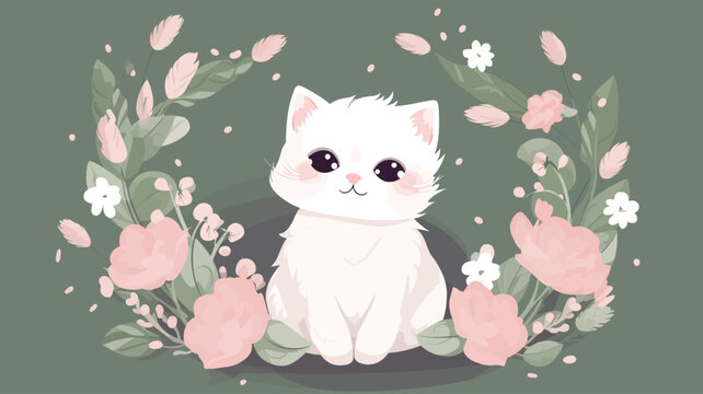 Vector illustration of cute cat and flower field.