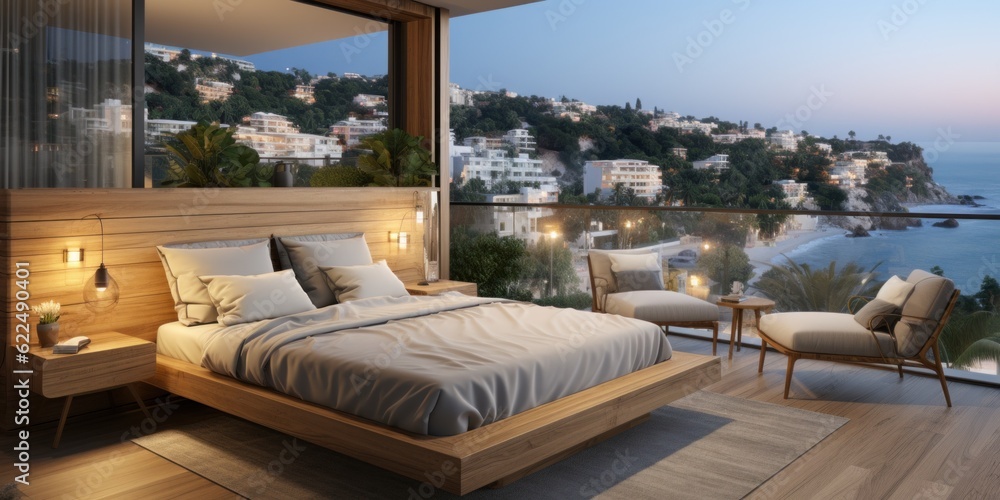 Poster a bedroom with a view of the ocean. generative ai image.