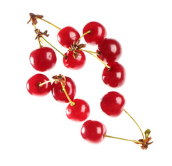 Flying red sweet cherries on white background