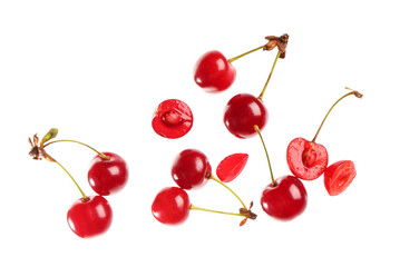 Fototapeta na wymiar Flying red sweet cherries on white background