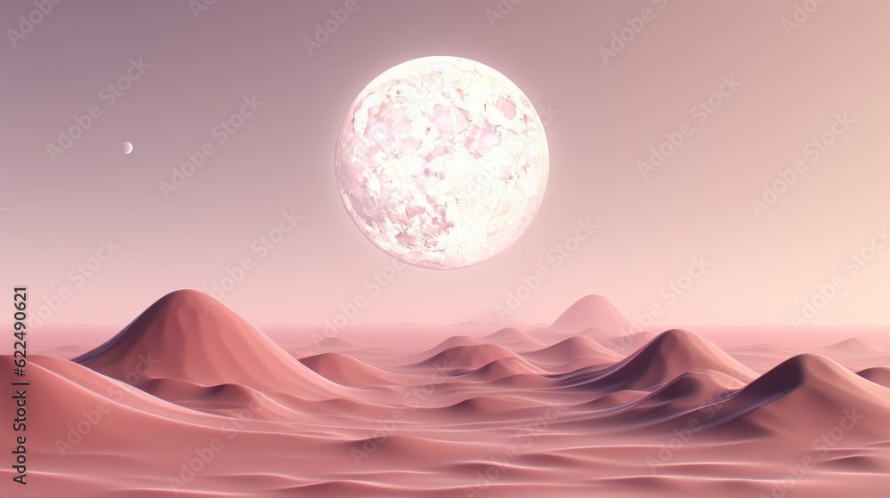 Poster a desert landscape with a full moon in the sky. generative ai image.