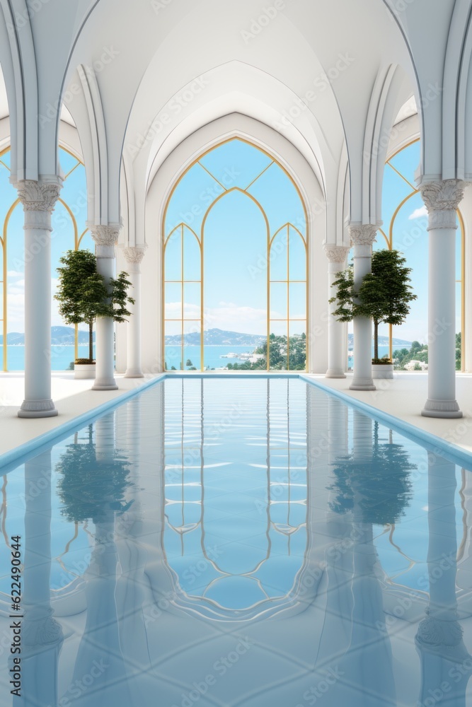 Aufkleber a pool in a large building with arches and windows. generative ai image.