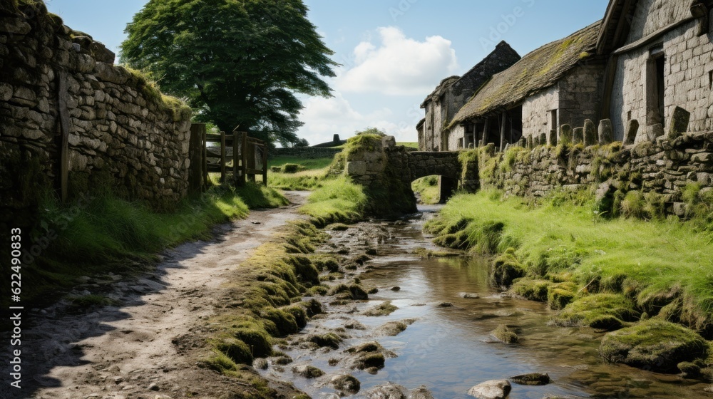 Poster a stream running between two stone buildings. generative ai image.
