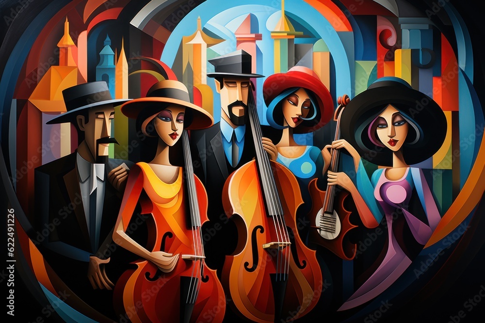 Poster a painting of a group of people playing instruments. generative ai image.