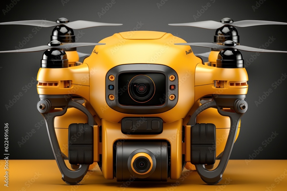 Poster a yellow drone with a camera attached to it. generative ai image.