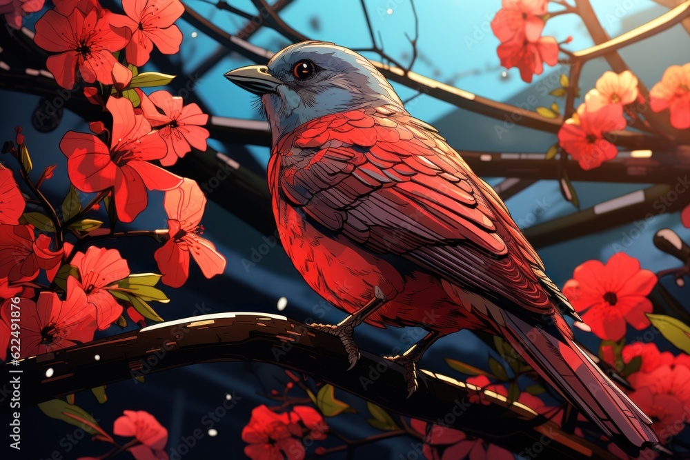 Poster a red bird sitting on a branch of a tree. generative ai image.