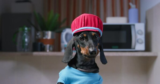 Portrait of funny dog puppy in red cap, blue t-shirt in kitchen looks attentively, barks grumpily, controls daily routine, nutrition. Strict coach nutritionist controls nutrition, swears, discipline