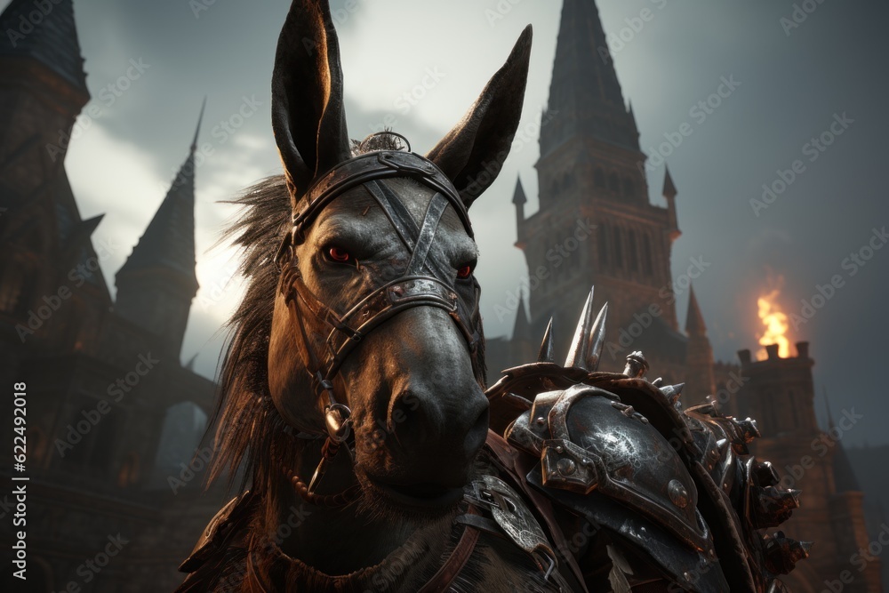 Poster a close up of a horse in front of a castle. generative ai image.