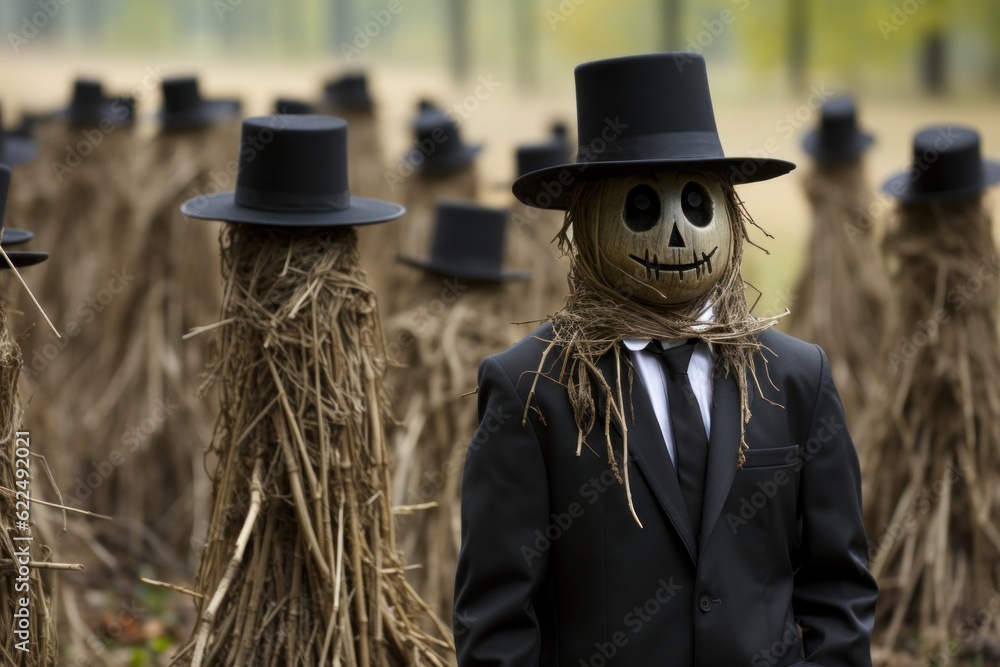 Poster a man in a suit and top hat standing in a field of straw. generative ai image.