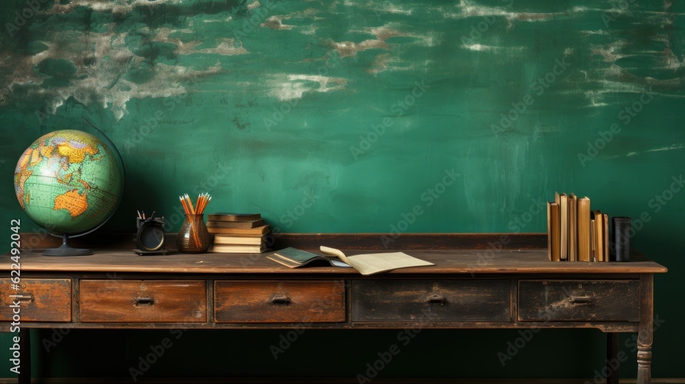 Poster a desk with a globe on top of it. generative ai image.