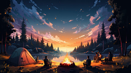 A group of people sit next to a campfire at night in a forest. camping concept. outdoor vacation. Generative AI