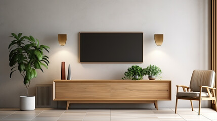 a TV on a brown wall in a minimally furnished living room. Generative AI