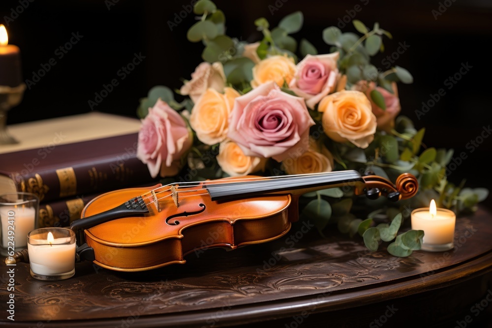 Poster A violin sitting on top of a table next to candles. Generative AI image.