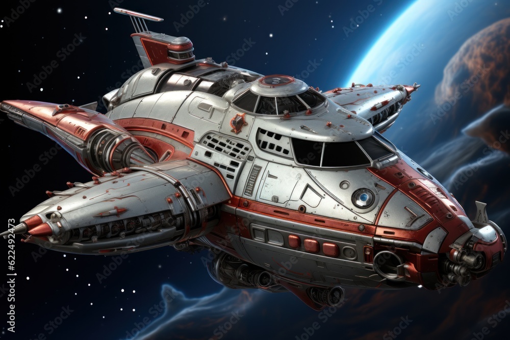 Aufkleber a space ship flying through space with a planet in the background. generative ai image.