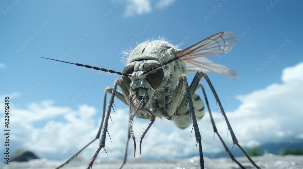 Poster a close up of a mosquito on the ground. generative ai image.