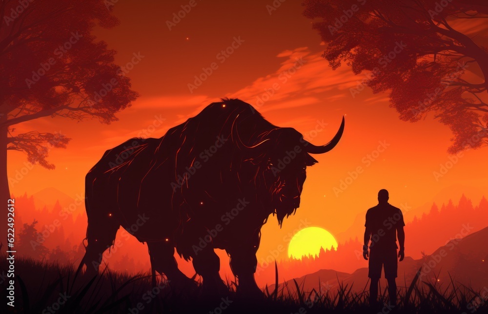 Aufkleber a man standing in a field next to a bull. generative ai image.