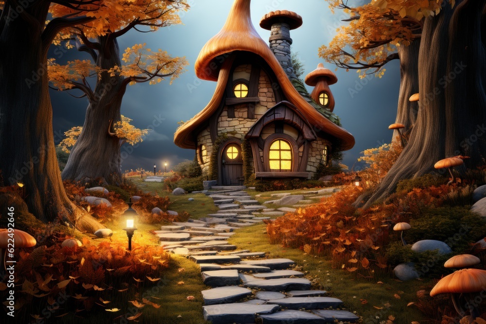 Poster a small house in the middle of a forest. generative ai image.