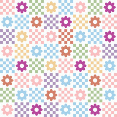 Seamless geometric floral gingham tartan check plaid for dress, scarf, skirt, picnic tablecloth, other fabric design, Spring vector pattern with flower
